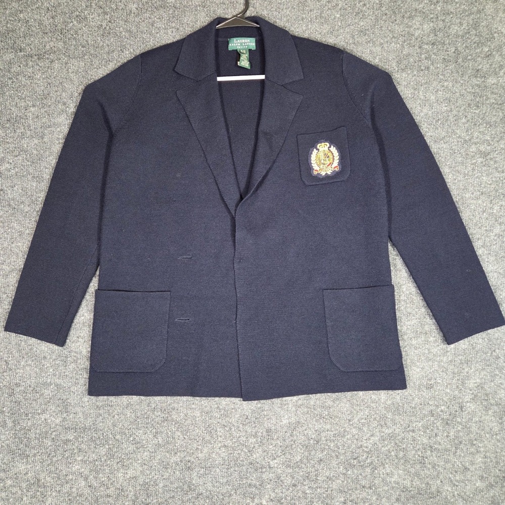 Lauren Ralph Lauren Petite Navy Merino Wool Knit Blazer Crest Patch Blue P/S